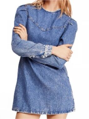 NWT Free People Self Control Puff Sleeve Indigo Blue Denim Mini Dress Size 0